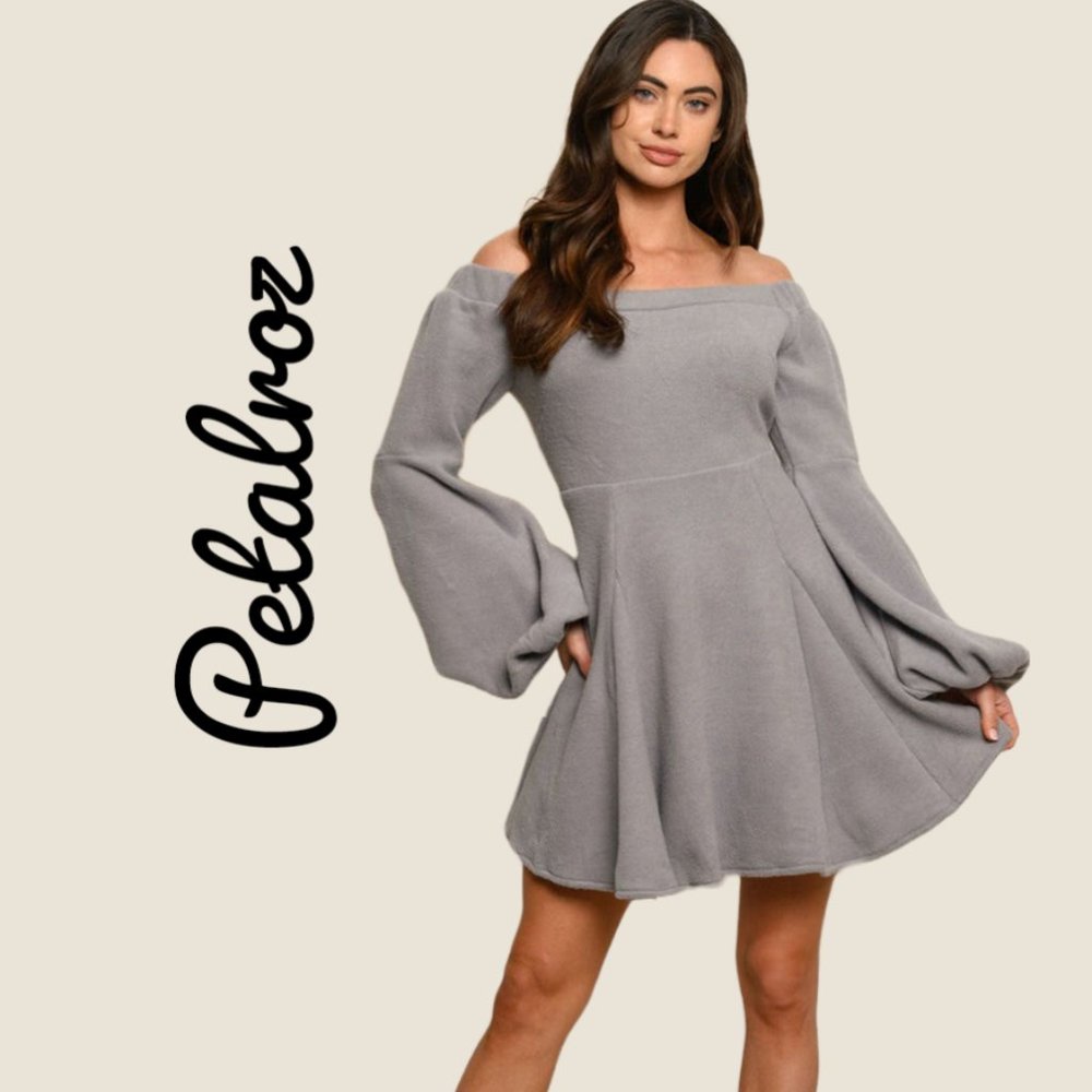 NWT Petalroz Off Shoulder Long Puff Sleeve Mini Dress Gray